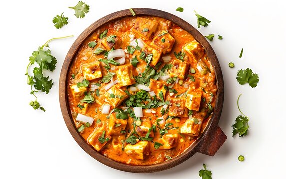 Board and plate of tasty Shahi Paneer with on white background.