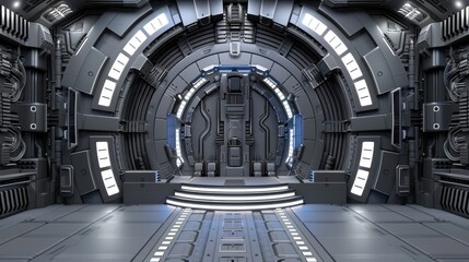 Futuristic spaceship corridor with metallic structures