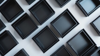 Fototapeta premium Empty square black boxes create a geometric design on a white surface, ready to be filled