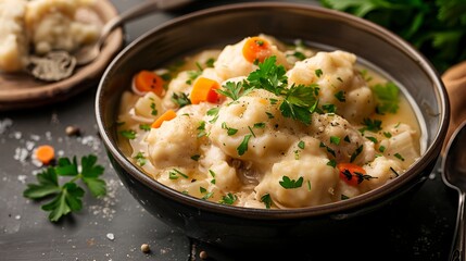 Chicken soup with dumplings in a bowl