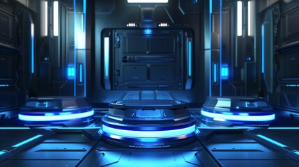 Obraz premium Futuristic sci-fi room with glowing blue accents.