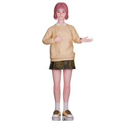 Cute girl in hoodie and black short skirt, presenting and pointing to the left side using both hands, 3D  character render