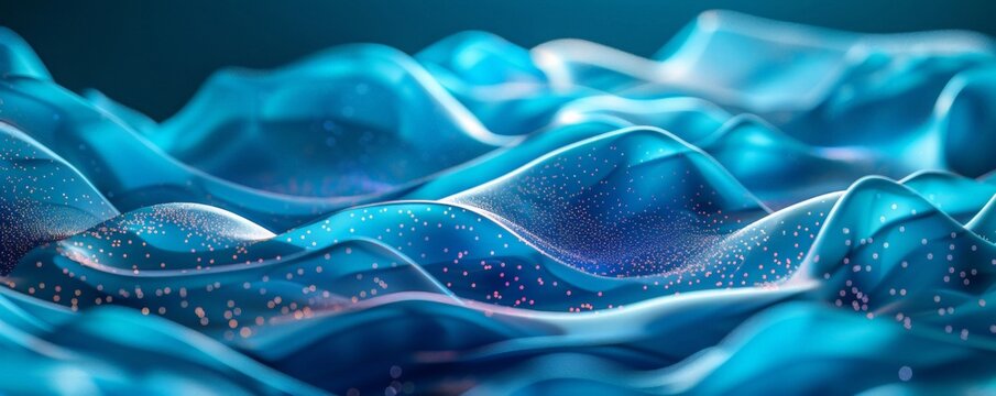 Abstract 3d blue flow wave on dark background. Digital technology data structure. Future mesh or soundgrid. Futuristic  modern trendy horizontal banner with copy space.