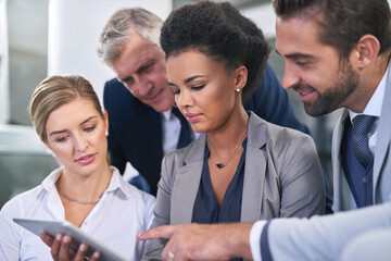 Business people, stairs and tablet for online proposal in office, talking and support ideas. Employees, briefing and app for strategy or feedback in email, teamwork and diversity for collaboration