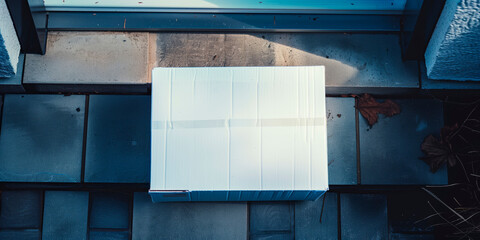 A white cardboard shipping box delivered to the door of a residence. White shipping box at the front door of a home.