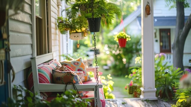 A front porch swing surrounded by hanging plants and colorful cushions, creating a peaceful retreat.