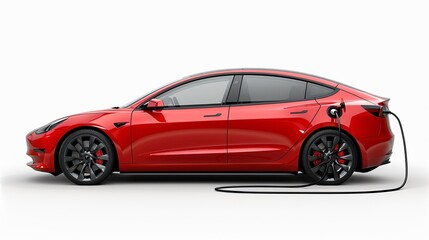 3D electric car with charging cable on a white background