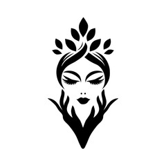 vector illustration of beautiful woman face and her hands with leaves isolated on white background. Suitable for beauty salon logo, beauty products, etc.