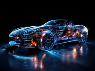 Design an xray image of a roadster with emphasis on its lightweight construction and aerodynamic features