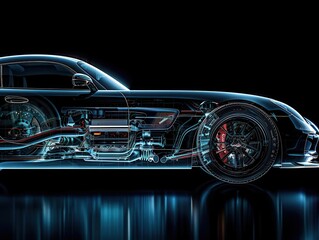 Obraz premium Design an xray style image of a roadster, showing the intricate details of its engine and chassis