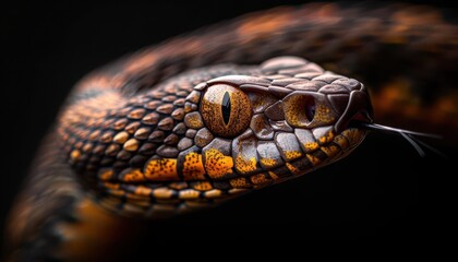 Fototapeta premium Illustrate a closeup of a rattlesnakes head and fangs, centered on a black background, ideal for a banner with text overlay