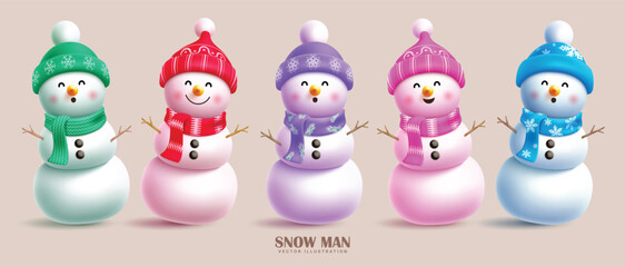 Christmas snowman characters vector set design. Snowman character with colorful hat, scarf and twig elements for holiday cute ice collection. Vector illustration winter characters design.
