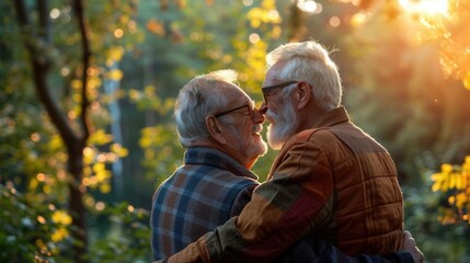 Elderly LGBTQ partners embracing in a scenic outdoor setting reflecting their enduring love and pride