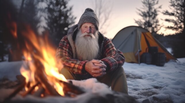 Elderly Man by a Campfire in Winter