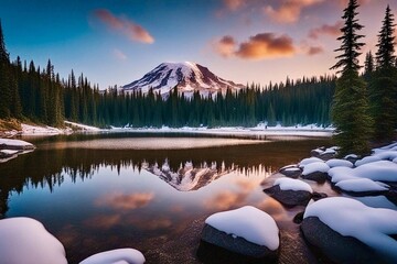 Winter sunset at Mount Rainier National Park 