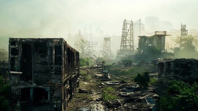Post-Apocalyptic Urban Ruins at Dawn.