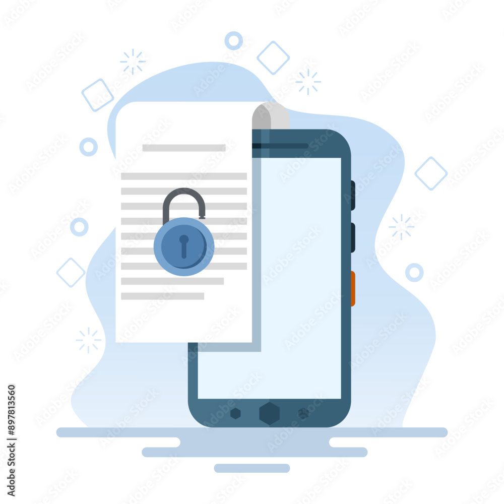 Poster Document security concept on mobile phone. File security is locked. Cyber ​​Security Services to Protect Personal Data. Cloud Shared Documents, Server Security and Data Protection. flat vector.