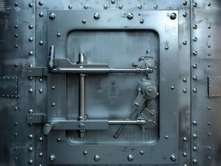 A close-up of a large metal door with a complex locking mechanism. The door is made of thick steel and has a series of rivets.