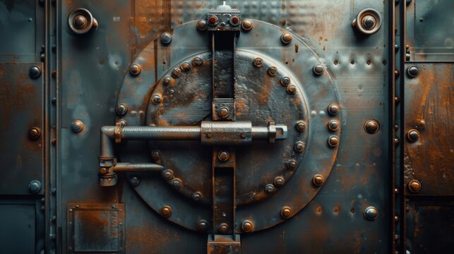 A close-up of a large, rusty metal door with a circular hatch and a lever. The door is covered in rivets and has a worn, industrial look.