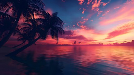 Obraz premium 38. Render a tranquil beach scene at sunset, with palm trees silhouetted against a colorful sky.