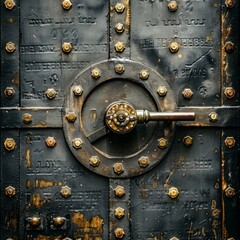 A close-up shot of a vintage metal door with a large circular lock and handle.  The door is adorned with rivets and intricate details.