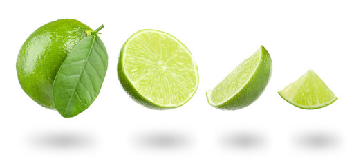 Fresh lime isolated on white, collage. Whole, half and slices