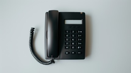 Black landline phone rests on a white desk with a blank screen, suggesting the promise of future communication