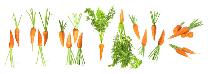 Set of fresh ripe carrots isolated on white