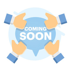 Concept Coming soon mark. Coming soon chat greeting messages. Flat speech bubble banner with bell. Promotional banner sign. New product release symbol. Offer a talk box. flat vector illustration.