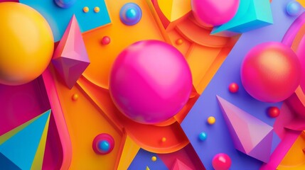 Abstract 3D background with colorful spheres, pyramids, and geometric shapes.