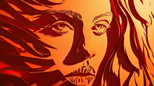 Artistic paper cut portrait in contrasting duotone hues capturing intricate facial features and expressions