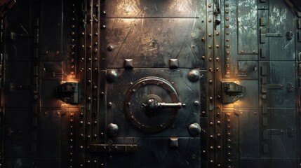 A large, heavy vault door with a complex locking mechanism. The door is made of steel and is secured with multiple locks. The door is illuminated by a single light source.