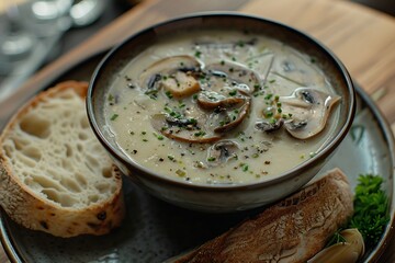 Mushroom cream soup in bowl on wooden background