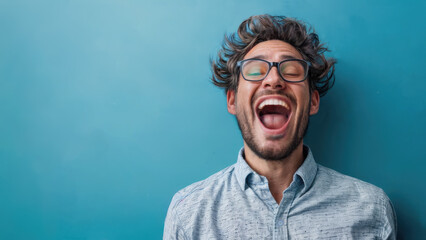 Illustration of an extremely happy young man with a beard and being blown away by the prospect of a special deal or promotion.