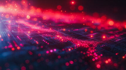 Obraz premium A computer screen with a red background and blue dots. The dots are scattered all over the screen and appear to be glowing. The image gives off a futuristic and technological vibe, with the red