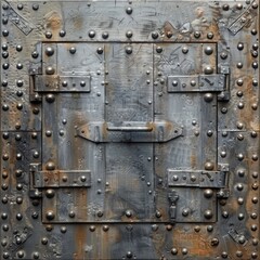 A weathered metal door with rivets, hinges, and a lock. The door has a worn and aged look, adding to its industrial charm.