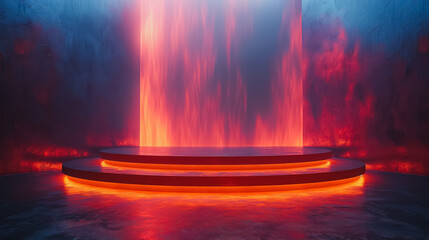A red and orange stage with a fire in the background
