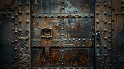 A weathered, rusty metal door with intricate details and a small lock. The door is adorned with rivets and decorative elements.