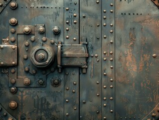 Fototapeta premium Close up of a rusty metal door with rivets and a large lock.