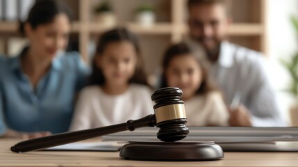 A gavel symbolizes justice as a family engages in important discussions, highlighting the importance of law and family values.