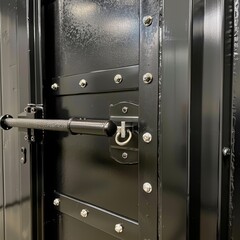 Close-up of a black metal door with a heavy duty bolt and multiple rivets.