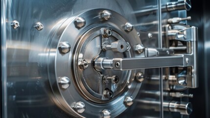 Close-up of a large, secure metal door with intricate locking mechanism.  Industrial, safety, and security concept.