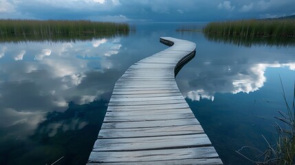Fototapeta premium A serene wooden walkway winds through calm waters, reflecting clouds and nature's beauty in a tranquil landscape.