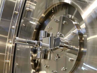 Close-up of a large, stainless steel industrial door with a complex locking mechanism.
