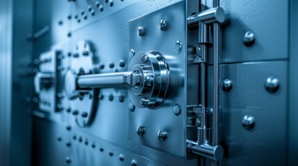 Fototapeta premium Closeup of a large, heavy-duty vault door with intricate locking mechanisms.