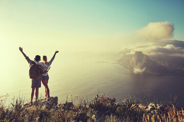 Fototapeta premium Hiking, view and adventure with couple in mountains for health, exercise or sightseeing together in summer. Peru, nature and travel with man, woman and hug on summit trail or peak for horizon holiday