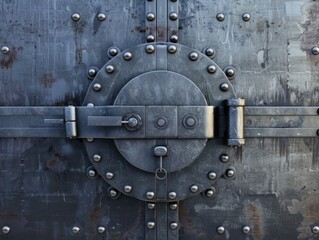 Naklejka premium Close-up of a large, metal door with a heavy, circular lock and rivets.