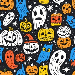 Cute Halloween cartoon character seamless pattern with ghosts, perfect for kids or party wallpaper design.