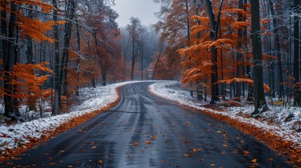 Snowy Road Through a Forest