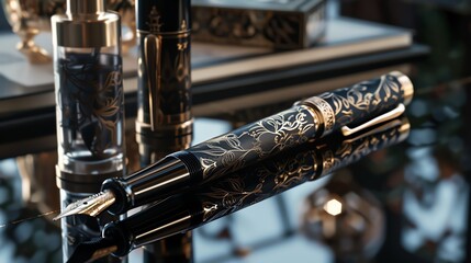 Luxurious Fountain Pen with Intricate Engravings and Premium Ink Bottle on Glossy Black Surface - Generative AI